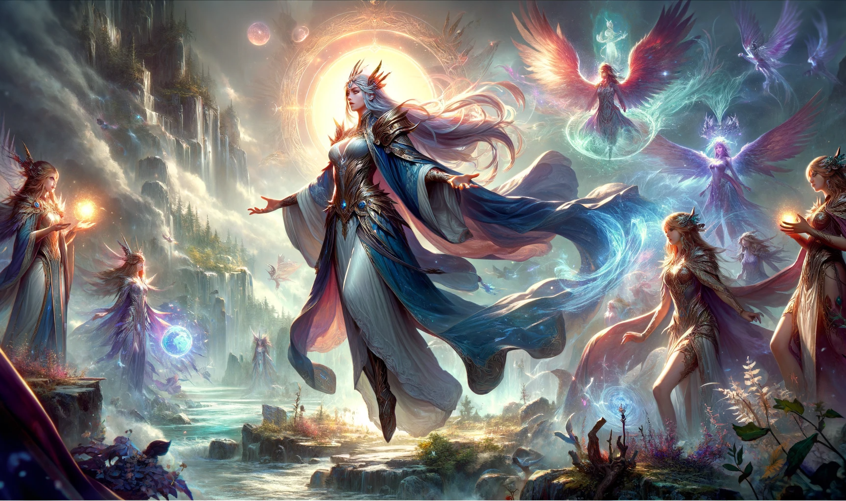 DALL·E 2023-11-25 10.26.42 - The scene depicts Tasina, a powerful and heroic sorceress, standing majestically in a magical realm. She is portrayed as a strong, wise figure, embody