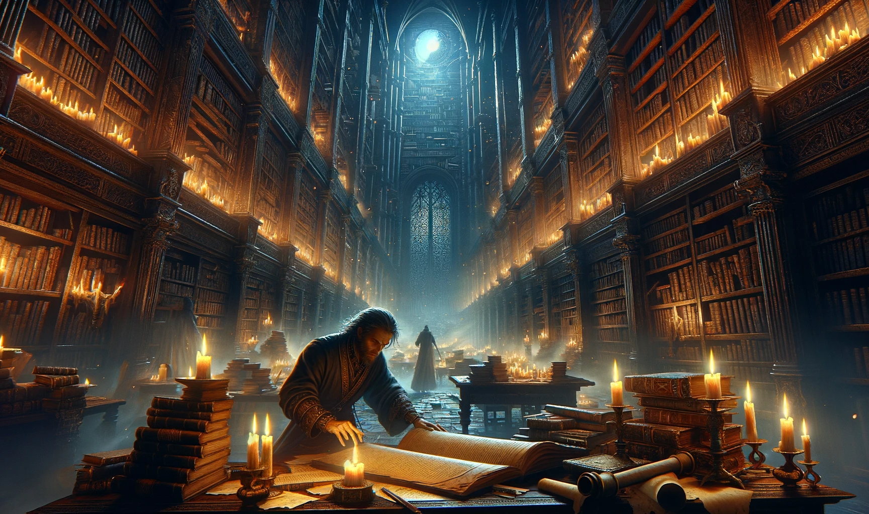 ' from a fantasy novel. The setting is a vast, ancient library at night, filled with towering shelves of bo