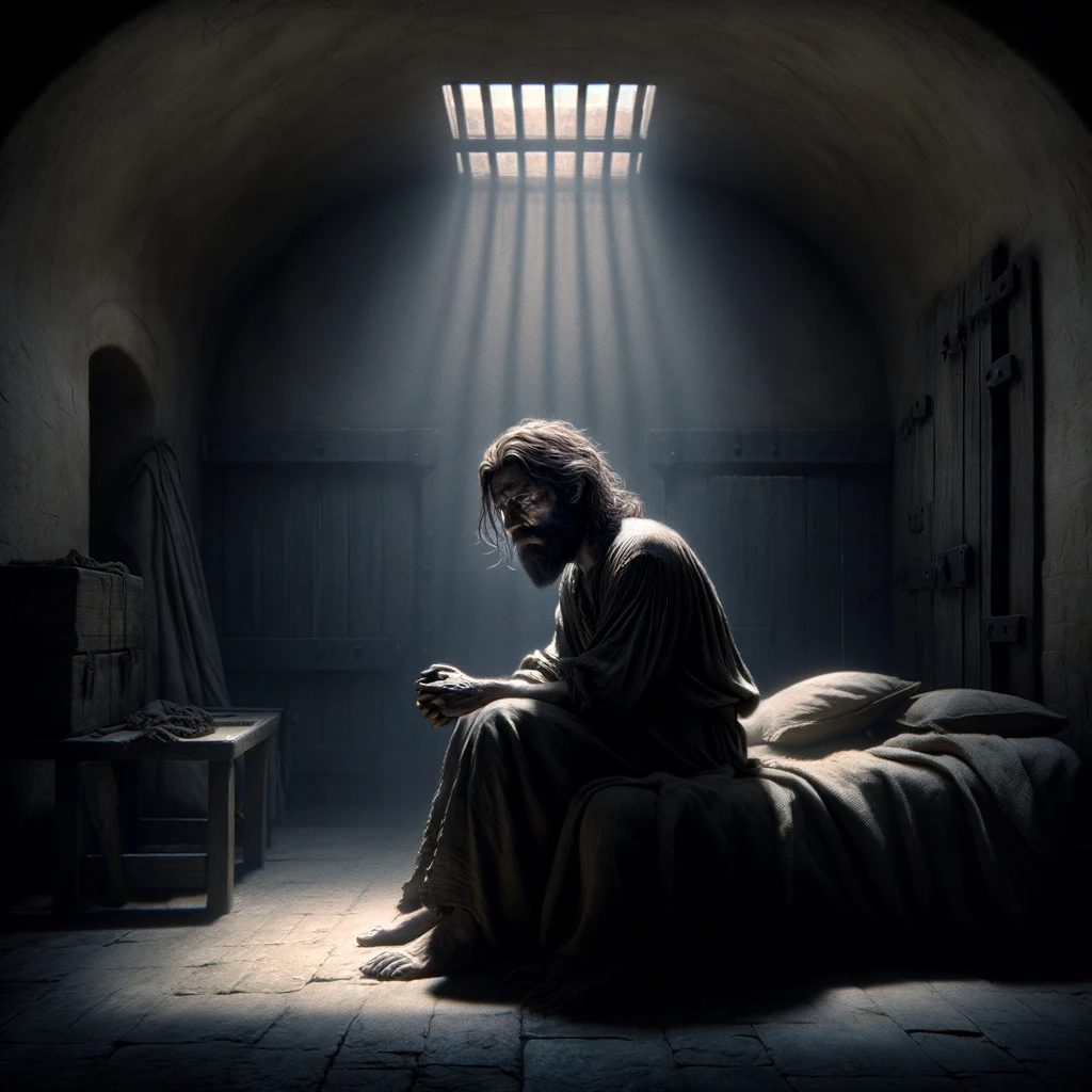 DALL·E 2023-11-25 12.44.07 - A melancholic scene depicting Chapter 11, set in a dimly lit, sparsely furnished cell. The central figure is Okhulan, a man with an appearance reflect