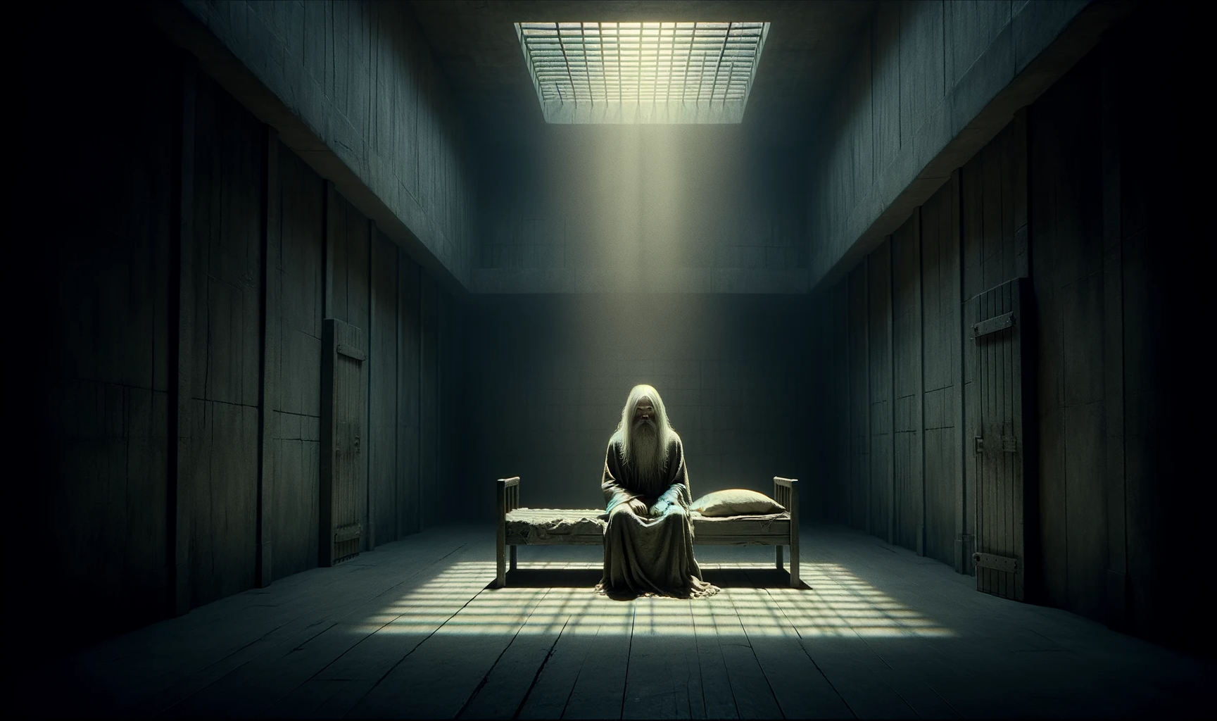DALL·E 2023-11-25 12.45.34 - A wide, melancholic scene from Chapter 11, set in a dim, sparsely furnished prison cell. The central figure, Okhulan, is depicted with long, white hai