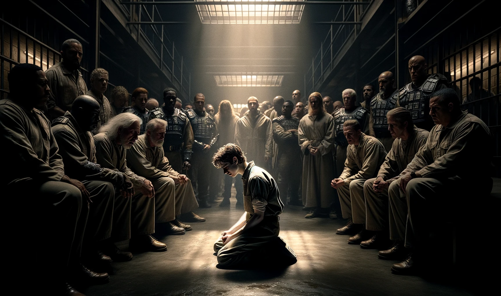 DALL·E 2023-11-25 12.49.24 - A powerful and emotional scene from Chapter 16, set in a dimly lit prison cell. In the center, Michael, a young man with a look of utter despair and r