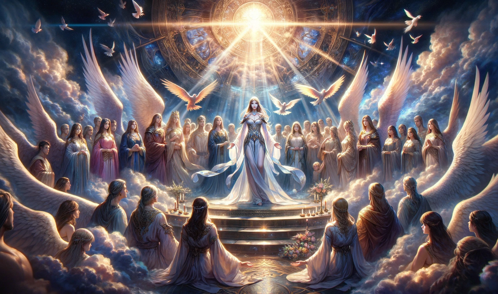 DALL·E 2023-11-25 12.55.01 - A momentous and emotional scene from Chapter 22, set in a celestial court. The setting is grand and ethereal, with a backdrop of majestic clouds and r