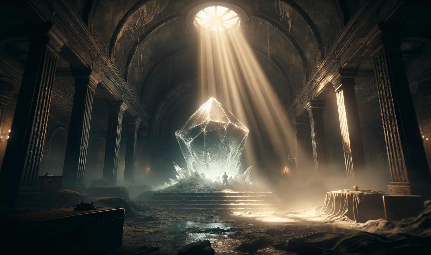 DALL·E 2023-11-25 12.58.29 - A mysterious and evocative scene from Chapter 26, set in an ancient chamber housing the crystal of Abodaneal. The chamber is depicted as a forgotten,